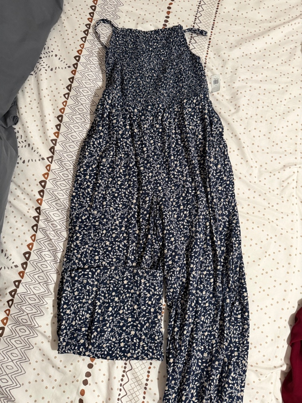 Old Navy Blue and White Smocked Floral Wide-Leg Jumpsuit